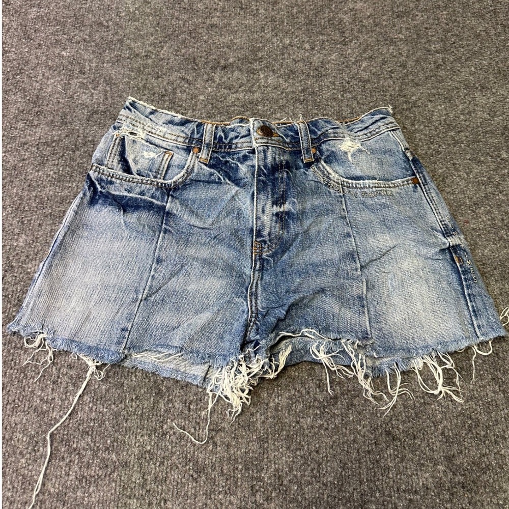 Zara Denim Shorts Womens Size 4 Blue Distressed Frayed Hem High Waist Casual